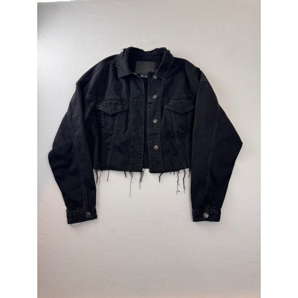 American Eagle Women's XS Distressed Cropped Denim Jacket Black Grunge Y2K